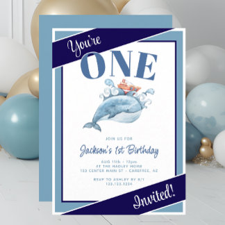 Blauer Wal 1. Geburtstag Party Einladung