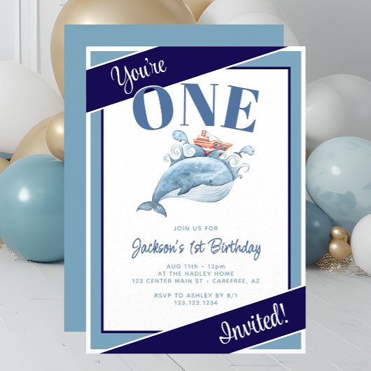 Blauer Wal 1. Geburtstag Party Einladung