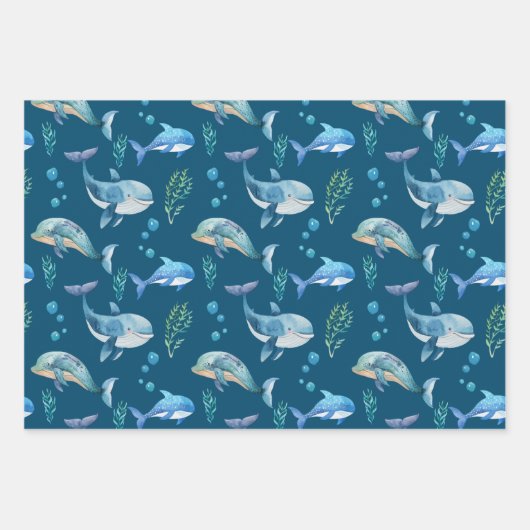 Blauer Wal Aquarellfarben Nahtloses Muster Geschenkpapier Set (Vorderseite 3)
