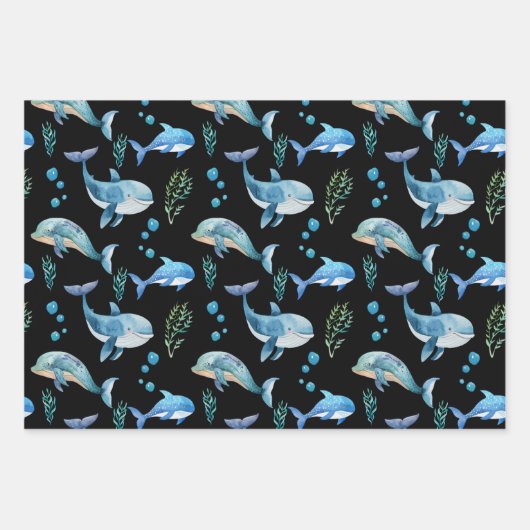 Blauer Wal Aquarellfarben Nahtloses Muster Geschenkpapier Set (Vorderseite 2)