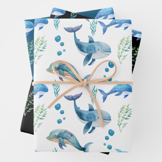 Blauer Wal Aquarellfarben Nahtloses Muster Geschenkpapier Set (Beispiel)