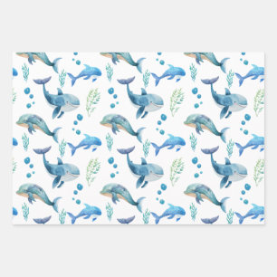 Blauer Wal Aquarellfarben Nahtloses Muster Geschenkpapier Set