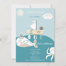 Blauer Wal Einladung zum ersten Geburtstag