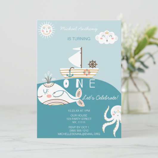 Blauer Wal Einladung zum ersten Geburtstag (Stehend Vorderseite)