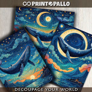 Blauer Wal in einer blauen Van Gogh Welt Geschenkpapier Set