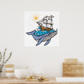 Blauer Wal Segelschiff Welle Sonnenschein Poster (Küche)
