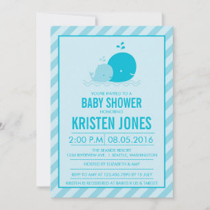 Blauer Wal und ihre Baby Stripes Babydusche Einladung
