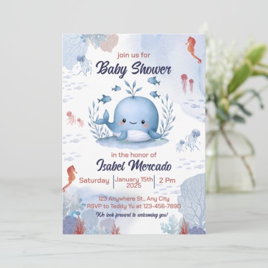 Blauer Wal unter Meer Babydusche Einladung (Stehend Vorderseite)