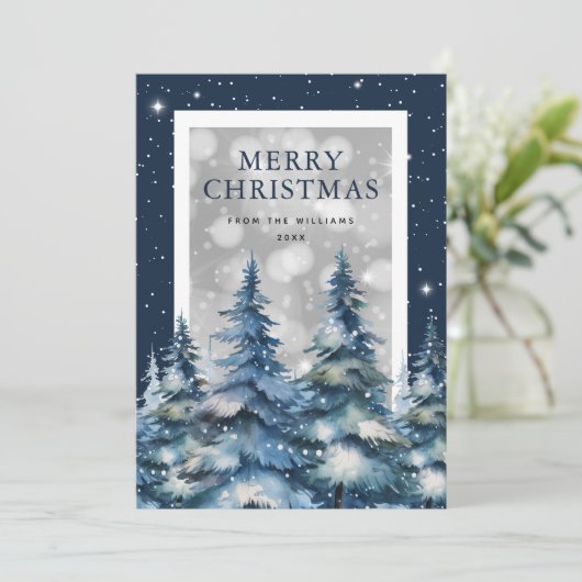 Blauer Wald Schnee Frohe Weihnachten (Stehend Vorderseite)