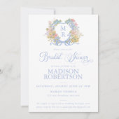 Blauer Wappen Blumenblume Brautdusche Einladung (Vorderseite)