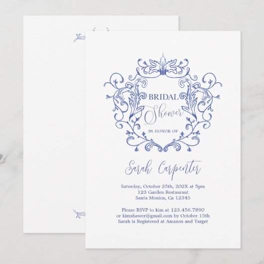 Blauer Wappen Brautdusche Einladung (Vorne/Hinten)