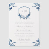 Blauer Wappen Monogram Hochzeit Pergament Einladungen (Vorderseite)