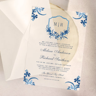 Blauer Wappen Monogram Hochzeit Pergament Einladungen