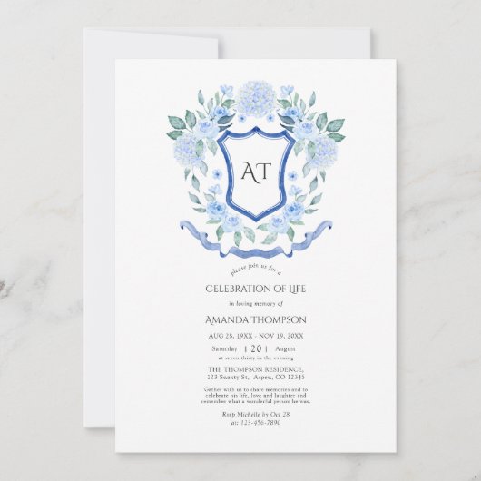 Blauer Wappen Monogramm Feier des Lebens Einladung (Vorderseite)