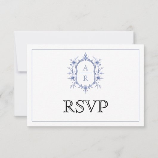 Blauer Wappen Monogramm QR Code Hochzeit RSVP Karte (Vorderseite)