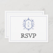 Blauer Wappen Monogramm QR Code Hochzeit RSVP Karte (Vorne/Hinten)