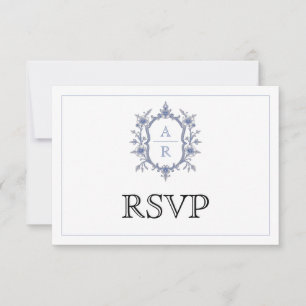 Blauer Wappen Monogramm QR Code Hochzeit RSVP Karte
