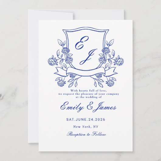 Blauer Wappen Viktorianische Hochzeitseinladung Save The Date (Vorderseite)