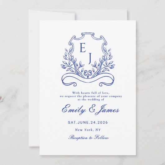 Blauer Wappen Viktorianische Hochzeitseinladung Save The Date (Vorderseite)