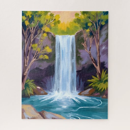 Blauer Wasserfall | Naturmalerei Waldlandschaft Puzzle (Vertikal)