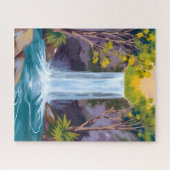 Blauer Wasserfall | Naturmalerei Waldlandschaft Puzzle (Horizontal)