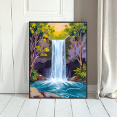 Blauer Wasserfall | Waldlandschaft Naturmalerei Poster