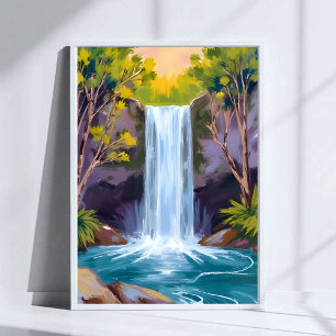 Blauer Wasserfall   Waldlandschaft Naturmalerei Poster