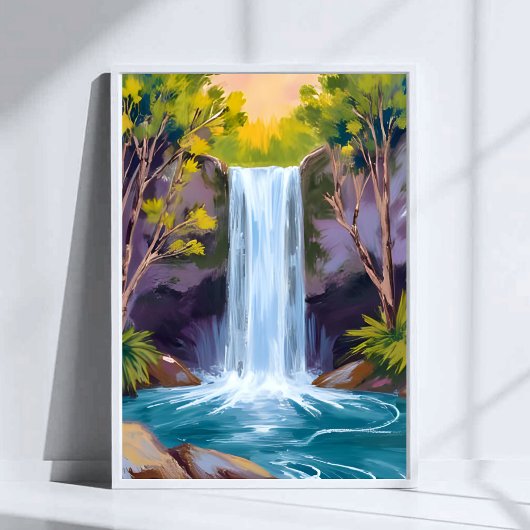 Blauer Wasserfall | Waldlandschaft Naturmalerei Poster