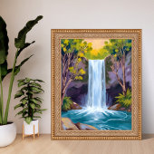 Blauer Wasserfall | Waldlandschaft Naturmalerei Poster
