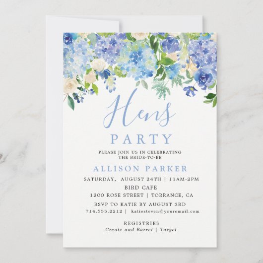 Blauer Wasserfarbe Hydrangea Party Einladung (Vorderseite)