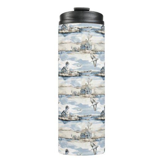 BLAUER WASSERFARBE KÜSTENHÜTTE UND LEICHTHIN THERMOSBECHER (Vorderseite)