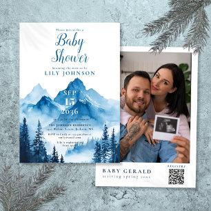 Blauer Wasserfarben-Berg-Baby-Shower-Foto-QR-Code Einladung