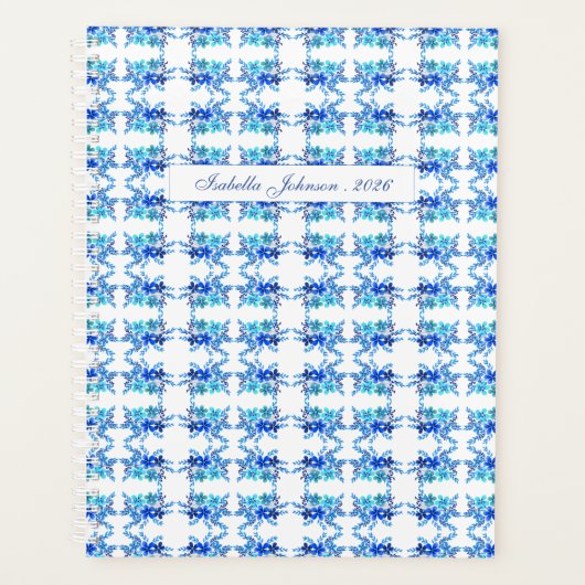 Blauer Wasserfarben-Blumen-Personalisierter Planer (Vorderseite)