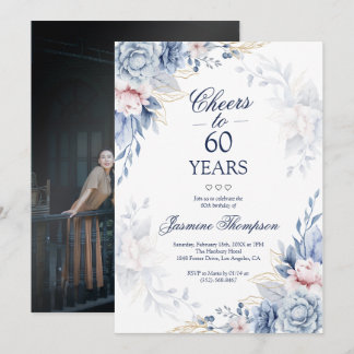 Blauer Wasserfarben Elegantes Foto 60. Geburtstag Einladung