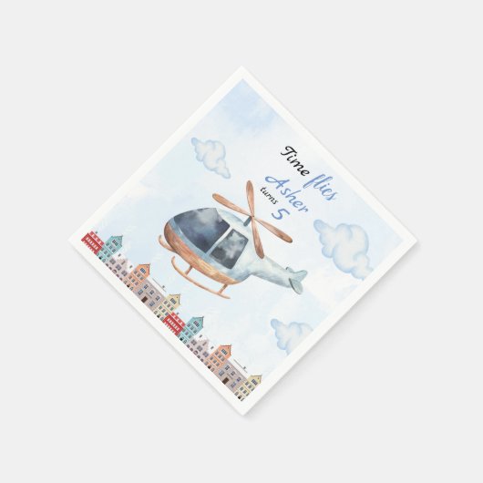 Blauer Wasserfarben-Hubschrauber Stadt Serviette (Ecke)