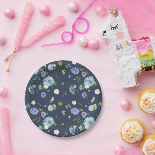 Blauer Wasserfarben Hydrangea und Rose Blumenmuste Pappteller (Party)