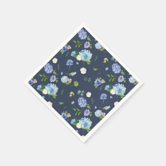 Blauer Wasserfarben Hydrangea und Rose Blumenmuste Serviette (Ecke)