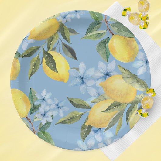 Blauer Wasserfarben Lemon und Blume Pappteller
