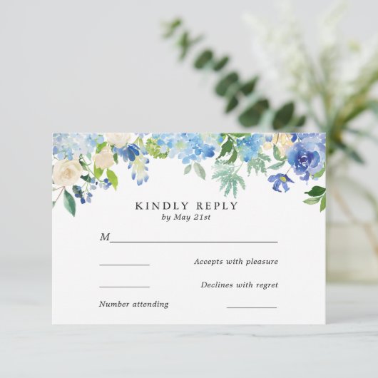 Blauer WasserfarbenblumeWedding RSVP Card (Stehend Vorderseite)