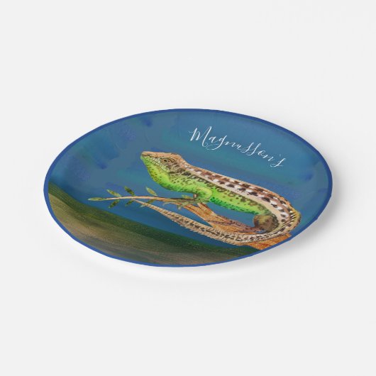 Blauer Wasserfarbeneidechard-Brand Pappteller (Schrägansicht)