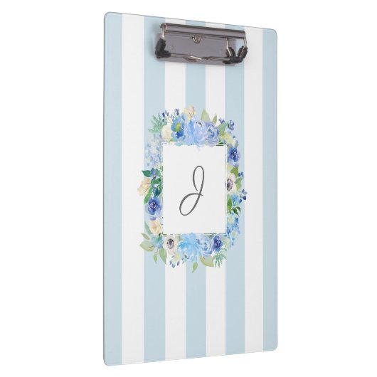 Blauer Wasserfarbenflor und Streifen mit Monogramm Klemmbrett (Rechts)