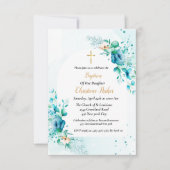 Blauer Wasserfarbenflora Milbe Taufe Einladung (Vorderseite)