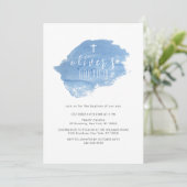 Blauer Wasserfarbenfroh Kreuz Christening Taufe Einladung (Stehend Vorderseite)