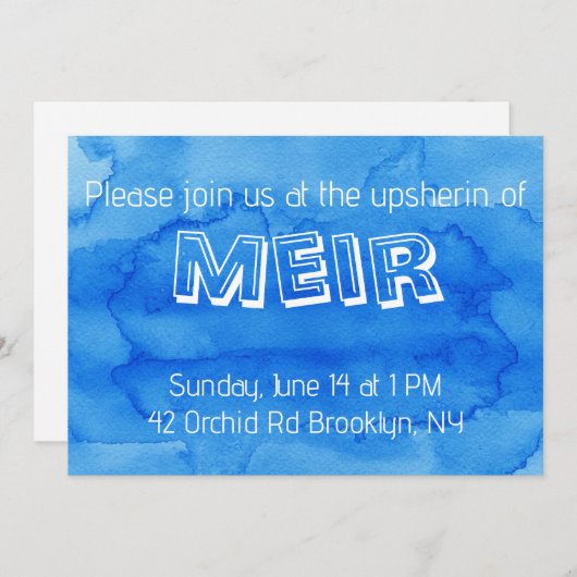 Blauer Wasserfarbenfrohe Einladung (Vorne/Hinten)