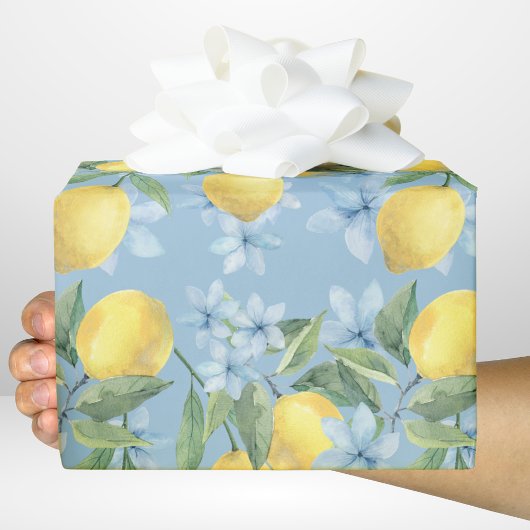 Blauer Wasserfarbenlemon und Blume Geschenkpapier