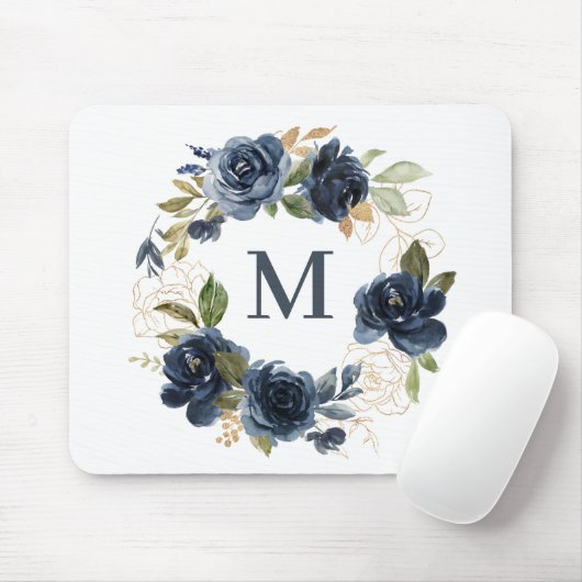 Blauer Wasserfarbenmonogramm für Blumendraht-Rose Mousepad (Mit Mouse)