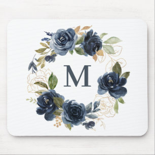 Blauer Wasserfarbenmonogramm für Blumendraht-Rose Mousepad