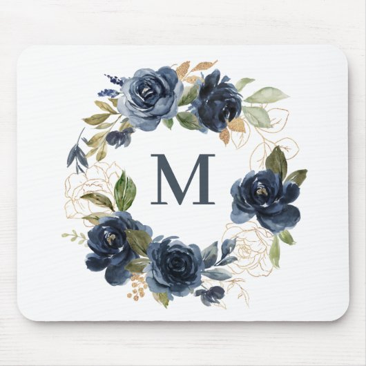 Blauer Wasserfarbenmonogramm für Blumendraht-Rose Mousepad (Vorne)
