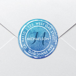 Blauer Wasserfarbenmonogramm | Round Address Runder Aufkleber
