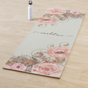 Blauer Watercolor Blumenzettel Grün-Namensschild Yogamatte